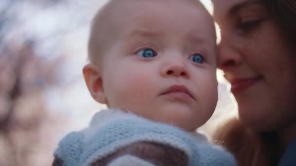 Ett Bedårande Spädbarn Som Får Kyssar Sin Älskade Mor — Stockvideo