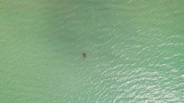 Czarująca Perspektywa Powietrza Uchwyciła Kobietę Czarnym Stroju Kąpielowym Unoszącą Się — Wideo stockowe