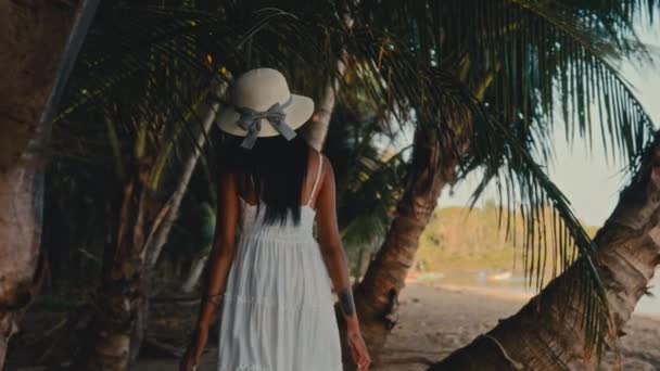 Gündüz Vakti Palmiye Ağaçlarının Arasında Gezinen Bir Kadının Arka Plan — Stok video