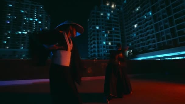 Usta Bir Erkek Kadın Kung Daki Ustalıklarını Gösteriyorlar Düzgün Hareketleri — Stok video