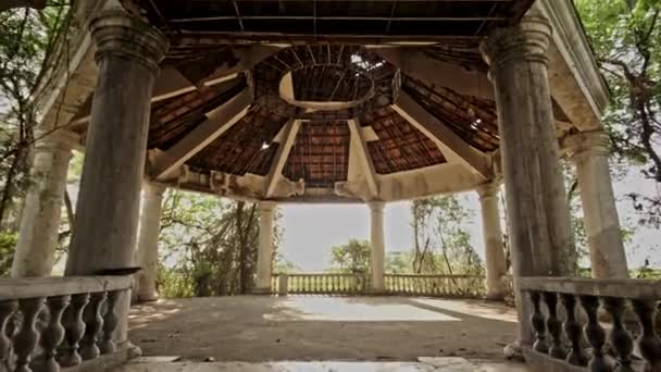 Aged Gazebo Which Sunlight Sifts While Vines Form Rich Drapery — Stock Video