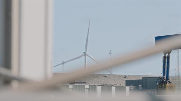 Een Windturbine Die Kustwinden Hirtshals Harbor Inzet Een Zonnige Dag — Stockvideo