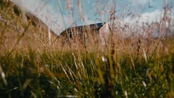 絵のような干し草場 青空に設定された古い赤い納屋の地上レベルショット — ストック動画