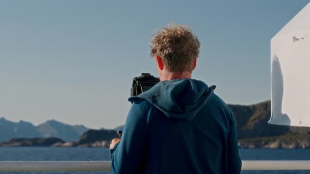 Back View Shot Filmmaker Cozy Blue Hoodie Jacket Capturing Breathtaking — Stock Video