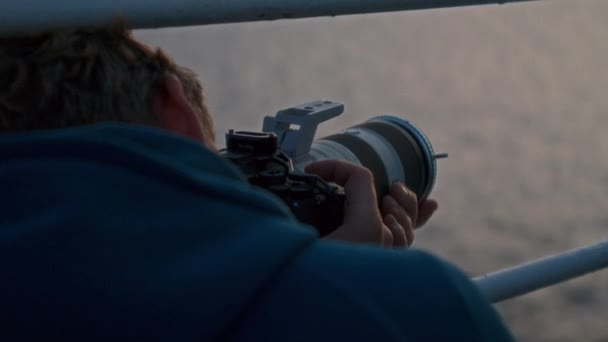 Close Shot Filmmaker Wearing Blue Hoodie Jacket Ferry Trip Recording — Stock Video