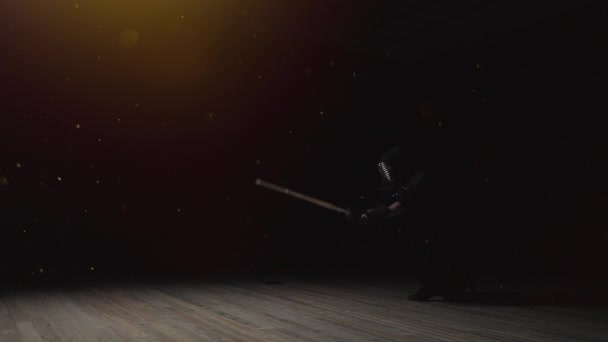 Hombre Traje Kendogu Practica Balanceos Espadas Precisas Posturas Dojo Oscuro — Vídeo de stock