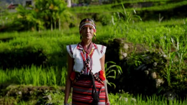 一位女士从容地探索田野 穿着传统服装 与传统和自然联系在一起 — 图库视频影像