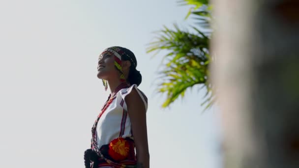 一个头戴珠子头饰的女人站在室外 拥抱文化装饰 — 图库视频影像