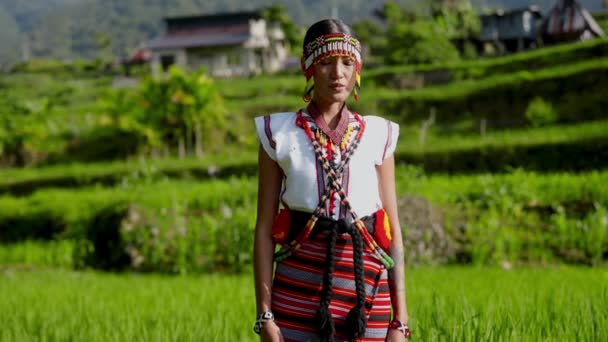 Kvinna Står Klädd Traditionella Ifugao Kläder Förkroppsligar Kulturarvet Regionen — Stockvideo