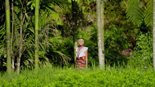 Жінка Одягнена Традиційний Одяг Стоїть Біля Зелених Бамбукових Полюсів Оточена — стокове відео