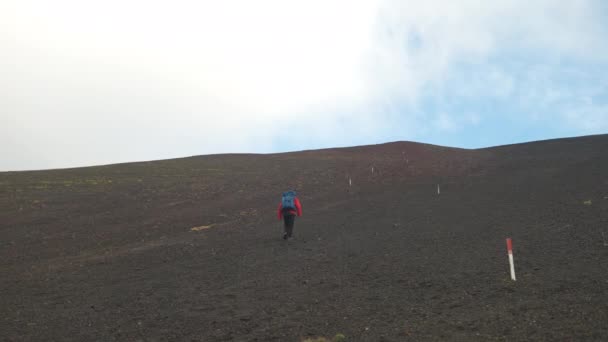 ラウダスカルクレーターの灰色に覆われた火山の土を曇りの空の下でハイキングする男の背後からの眺め — ストック動画