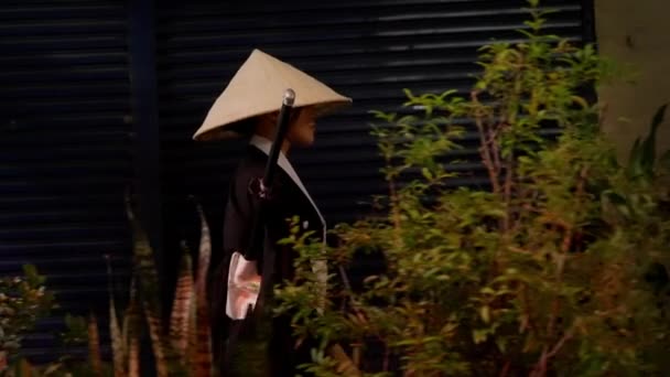 Boční Pohled Zachycuje Moderní Samurajku Tradičním Kimonu Která Půvabně Prochází — Stock video