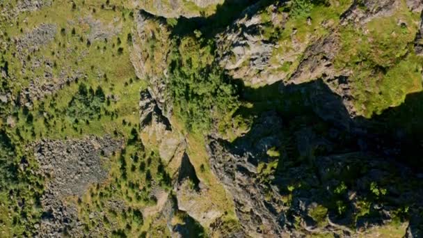 Vue Aérienne Une Montagne Accidentée Mousseuse Ensoleillée Lofoten — Video