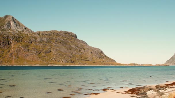 Tranquilidad Una Playa Serena Con Grandeza Majestuosas Montañas Telón Fondo — Vídeo de stock