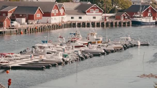 Fishing Boats Peacefully Moored Picturesque Embrace Sorvagen Harbor Tranquil Scene — Stock Video