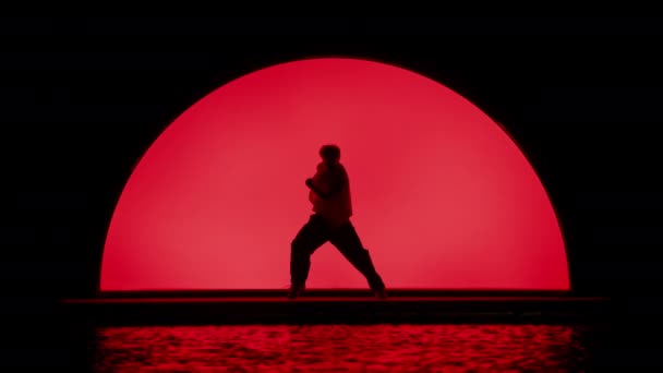 Een Slow Motion Shot Van Een Silhouetted Danser Optredend Tegen — Stockvideo