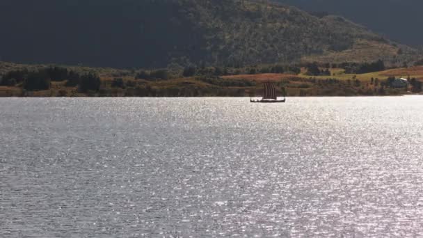 ヴァイキング船は 昼間の美しい景色の中で穏やかな湖の輝く水を優雅に垣間見ることができます — ストック動画