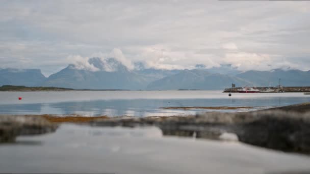 노르웨이의 스쿠트비크 항구의 고요하고 배경에 고요한 특징으로 — 비디오