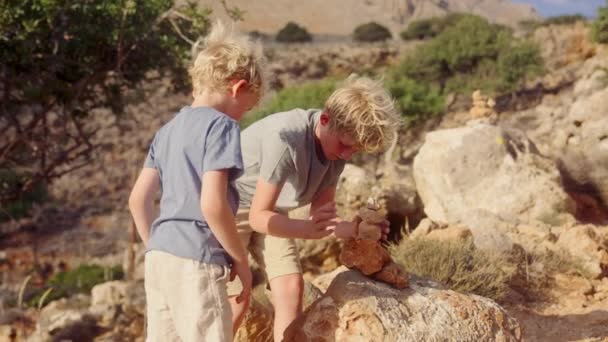 Kayalık Arazide Güneşin Altında Kayaları Istiflemekten Zevk Alan Çocuklar Yine — Stok video