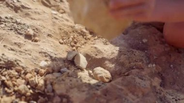 Bir insan ustalıkla küçük bir kayaya daha büyük bir taşla vurur. Bu da hassasiyet ve güç gösterir.