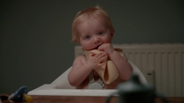 Ein Lustiges Baby Kaut Spielerisch Auf Seinem Futterfetzen Während Einem — Stockvideo