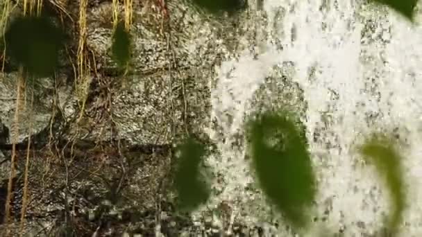 Statický Výstřel Zachycuje Kaskádový Vodopád Ladně Klesající Texturovaný Kámen Zeleným — Stock video