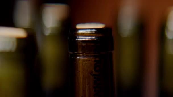酒瓶瓶塞酒厂酒瓶瓶塞和酒颈的特写 后面有移动的灯和模糊的酒瓶 — 图库视频影像
