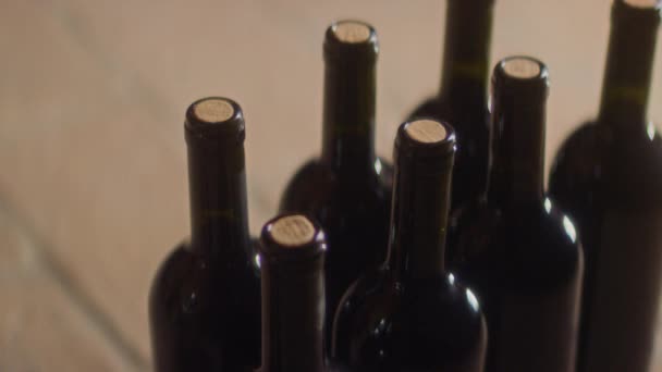 酒窖内的一组未打开的酒瓶 与闪烁的灯光紧密结合在一起 — 图库视频影像