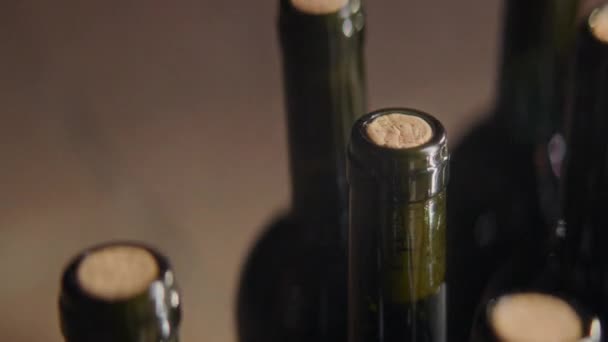 Крупним Планом Пробка Шия Невідкритих Пляшок Вина Всередині Темного Виноробного — стокове відео