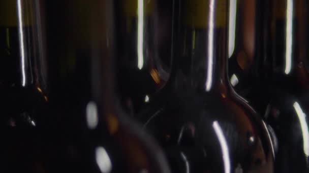 Strzał Bliska Przechwytujący Szyje Szczyty Kilku Butelek Wina Ściśle Sobą — Wideo stockowe