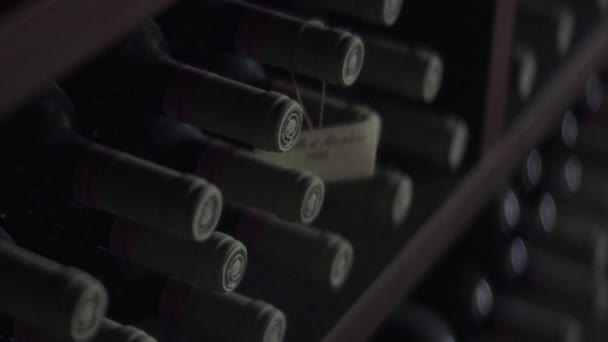 Widok Góry Zamkniętych Butelek Wina Przechowywanych Stojaku Świecącymi Światłami Oświetlającymi — Wideo stockowe