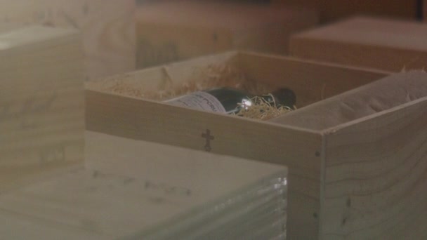 Krabička Lahví Vína Uhnízděnou Slámě Obklopenou Podobnými Krabicemi Uvnitř Vinařství — Stock video