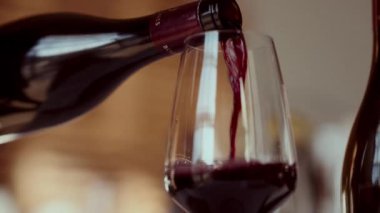Düşük açılı, yakın çekim bir şişeden kırmızı şarapla doldurulduktan sonra bir şarap kadehini kaldıran ve kapalı bir arkaplanda bulanık ve zarif bir arkaplana karşı duran el ele tutuşur.
