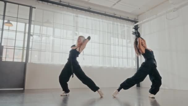 Dos Mujeres Vestidas Con Elegantes Trajes Negros Muestran Sus Movimientos — Vídeos de Stock