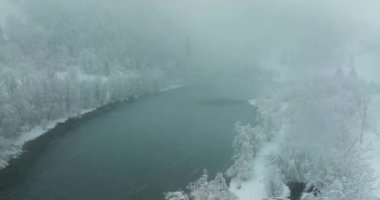 Kar yağışı sırasında bir ormanın havadan görünüşü. Yoğun, karla kaplı ağaçların arasından bir göl akar sisli, bulutlu bir gökyüzünün altında.