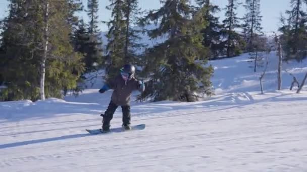 Слідкуючий Постріл Молодого Сноубордиста Схилах Демонструє Свою Майстерність Збудження Засніженій — стокове відео