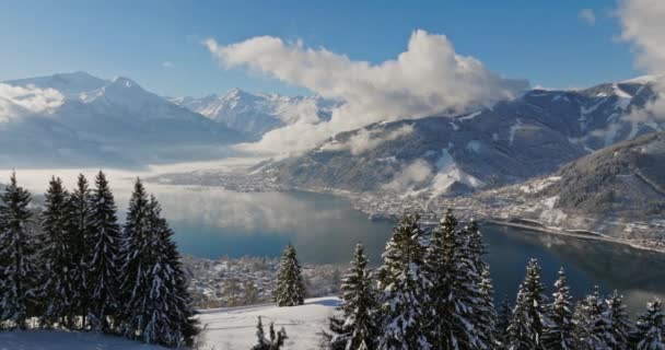 Drone Capturant Paysage Hivernal Avec Des Montagnes Majestueuses Lac Tranquille — Video