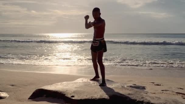 一名穆艾泰籍战斗机在日落时分在海滩上训练 展示了在令人叹为观止的大海背景下的有力动作 — 图库视频影像
