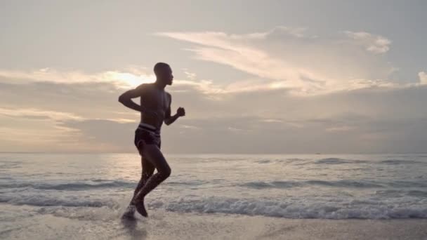Boxer Thailandez Muay Alergând Lungul Țărmului Timpul Apusului Soare Fundalul — Videoclip de stoc
