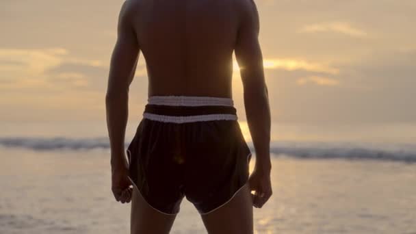 波に一人で立っているボクサーは 日没時に海のリズミカルな衝突で強さと平和を見つける ロイヤリティフリーのストック動画