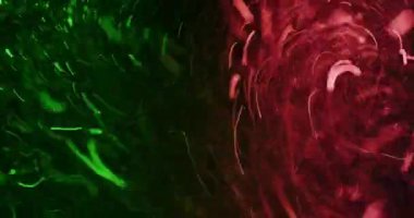 Red and green particles swirl energetically, divided by a striking vertical split