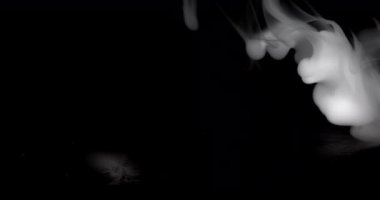 Beyaz ve kabarık bir duman bulutu siyah bir yüzeye yayılır, desenleri akışkan ve organiktir, girdaplar ve perdeler oluşturur ve yavaş yavaş arkaplanın karanlığına doğru kaybolur.