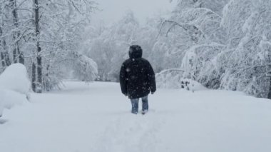 Siyah kabarık ceketli bir adamın arka planda karlı bir arazide dolaşması, her iki tarafında ağaçlarla çevrili olması, güzel bir kış manzarası yaratıyor.