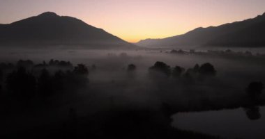 Güneşin doğuşu sırasında sisli bir ağaçlık alanı siluetli dağlarla kaplayan insansız hava aracı üzerinde uçuyor.