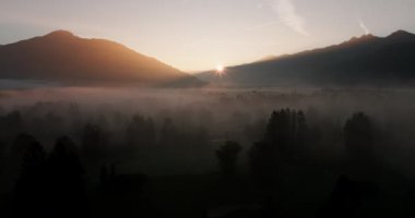 Güneş ışığı, sisli bir ormanın ortasındaki siluetli dağların arasından süzülüp dingin ve mistik bir atmosfer yaratır.
