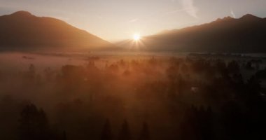 Gün doğumunda sislerle kaplı ağaçların arasından siluetli dağlara doğru yayılan panoramik bir çekim sabahın erken saatlerinde ışığın ve gölgenin huzur veren güzelliğini yakalıyor.