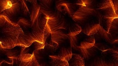 Turuncu ve sarı ateşli tonlarda dönen parçacıkların canlı ve dinamik bir görüntüsü. Parçacıklar akar ve iç içe geçer, karmaşık ve büyüleyici bir desen oluşturur.