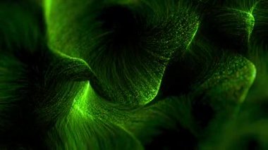 Sürekli dönen ve akan sayısız küçük parçacıklardan oluşan büyüleyici bir dans. Parçacıklar yeşil rengin canlı bir tonu, koyu bir arkaplana karşı aydınlatılmış.