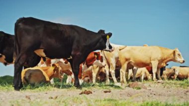 Açık mavi gökyüzünün altında otlayan ineklerin sürüsü huzurlu ve pastoral bir manzara sergiliyor.