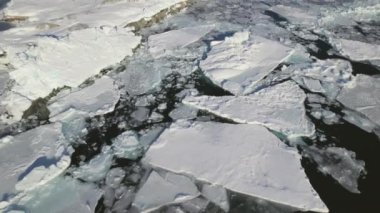 Grönland 'ın eşsiz oluşumlarını gösteren nefes kesici bir hava manzarası, pürüzsüz, buzlu sularda yüzen pürüzlü buz kabukları.
